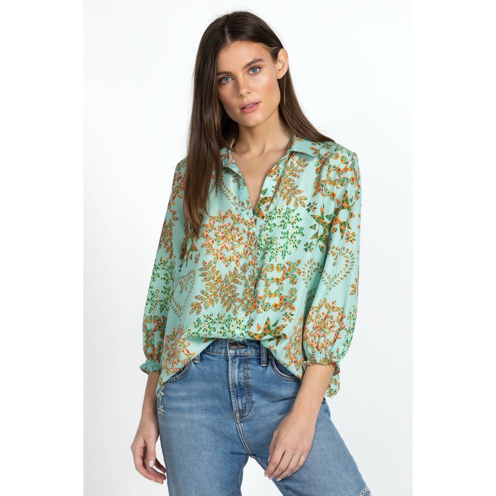 Johnny Was Silk Corbetta Smocked Relaxed Boho Shirt Blouse - Size S